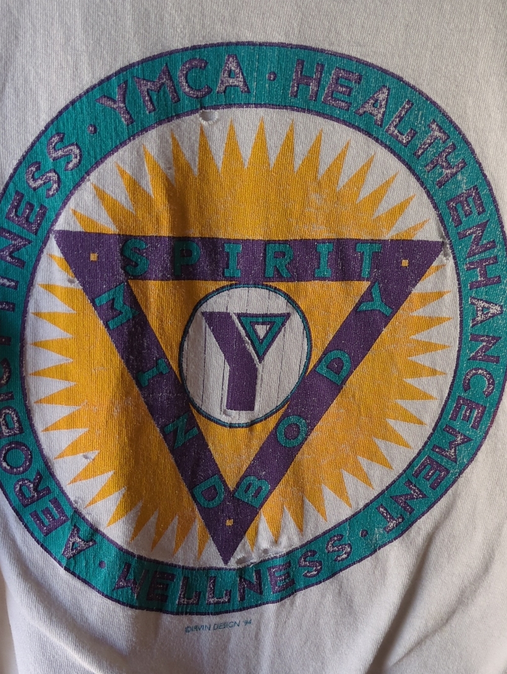5 For $20. YMCA White Tee with Yellow, Teal & Purple Graphic Size L
